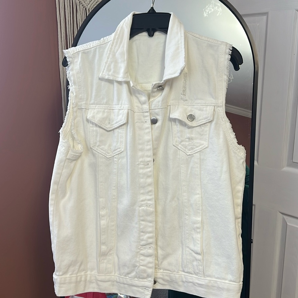 Denim white distressed vest